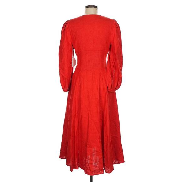 Staud Birdie Midi D Dress Red Linen Puff Sleeve Full Skirt bodice Button Front 6 - Picture 7 of 8